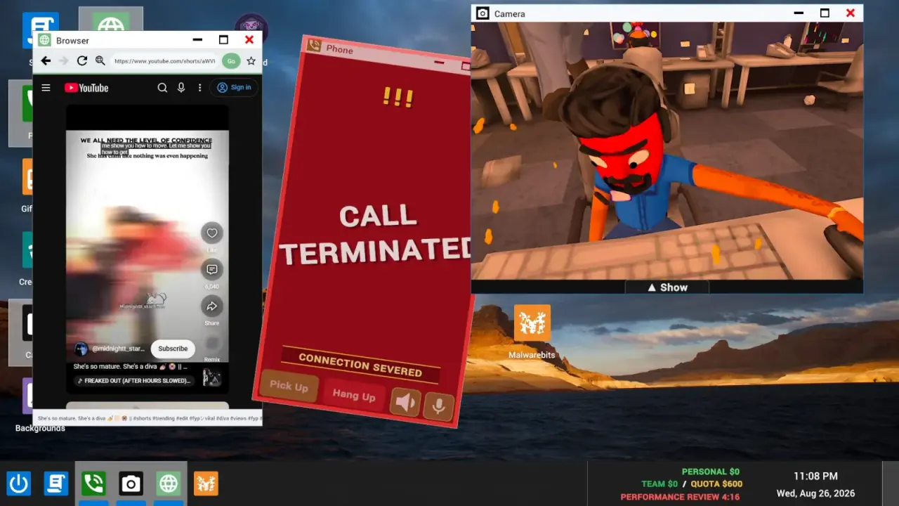 In-game Browser showing a public video alongside a Call Terminated phone window