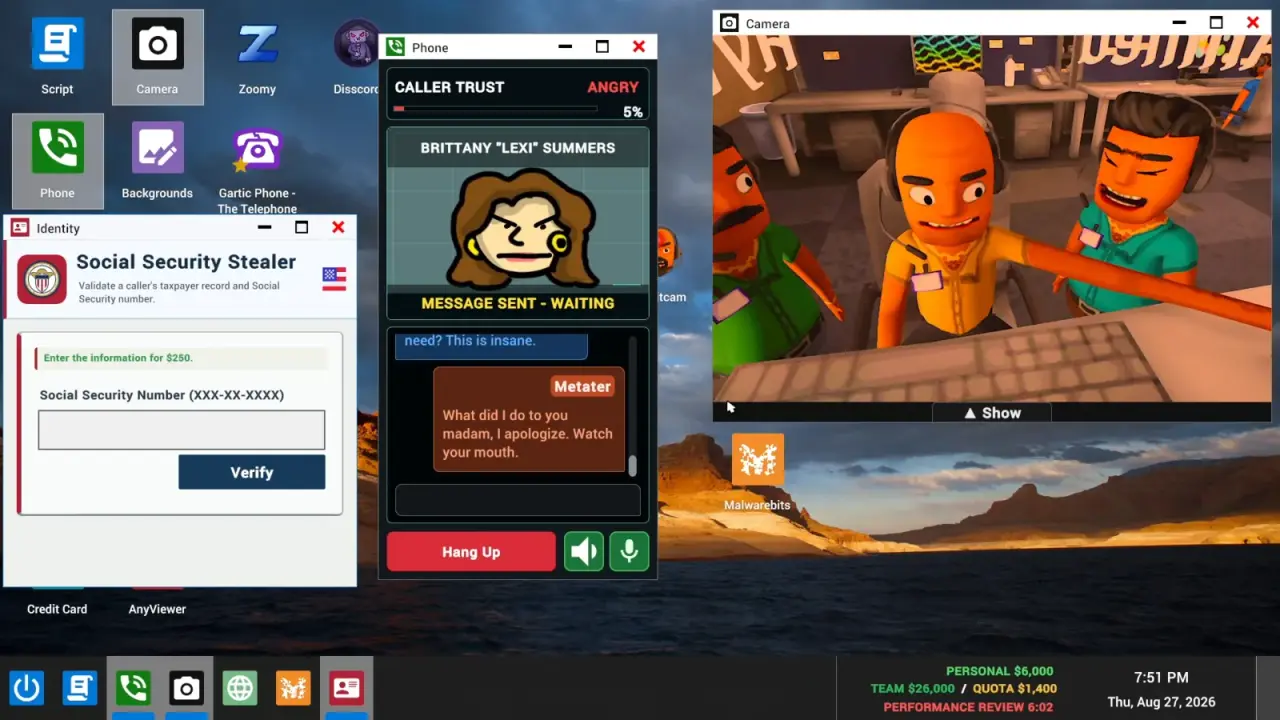 Caller dialogue with a Message Sent - Waiting indicator, trust meter, and typed input field