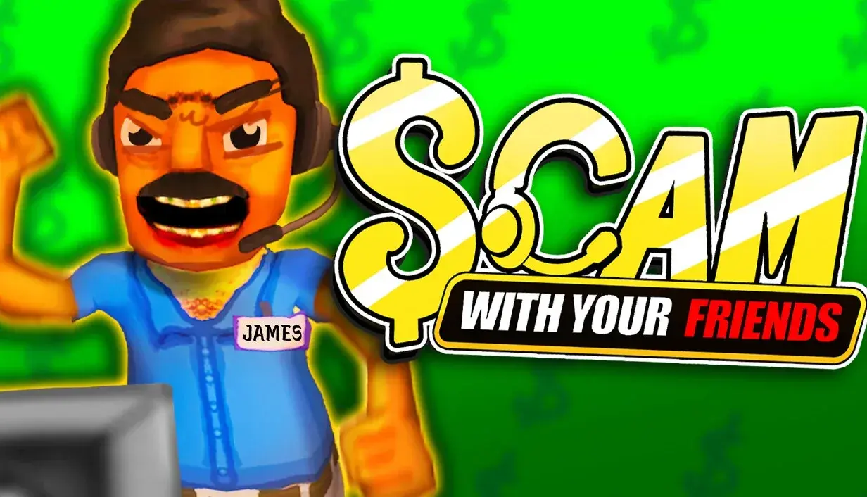 A headset-wearing character beside the Scam With Your Friends title on green promotional artwork