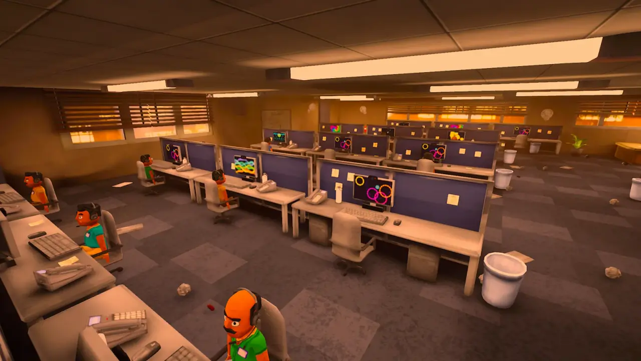 Rows of workstations and coworkers in the Scam With Your Friends call center