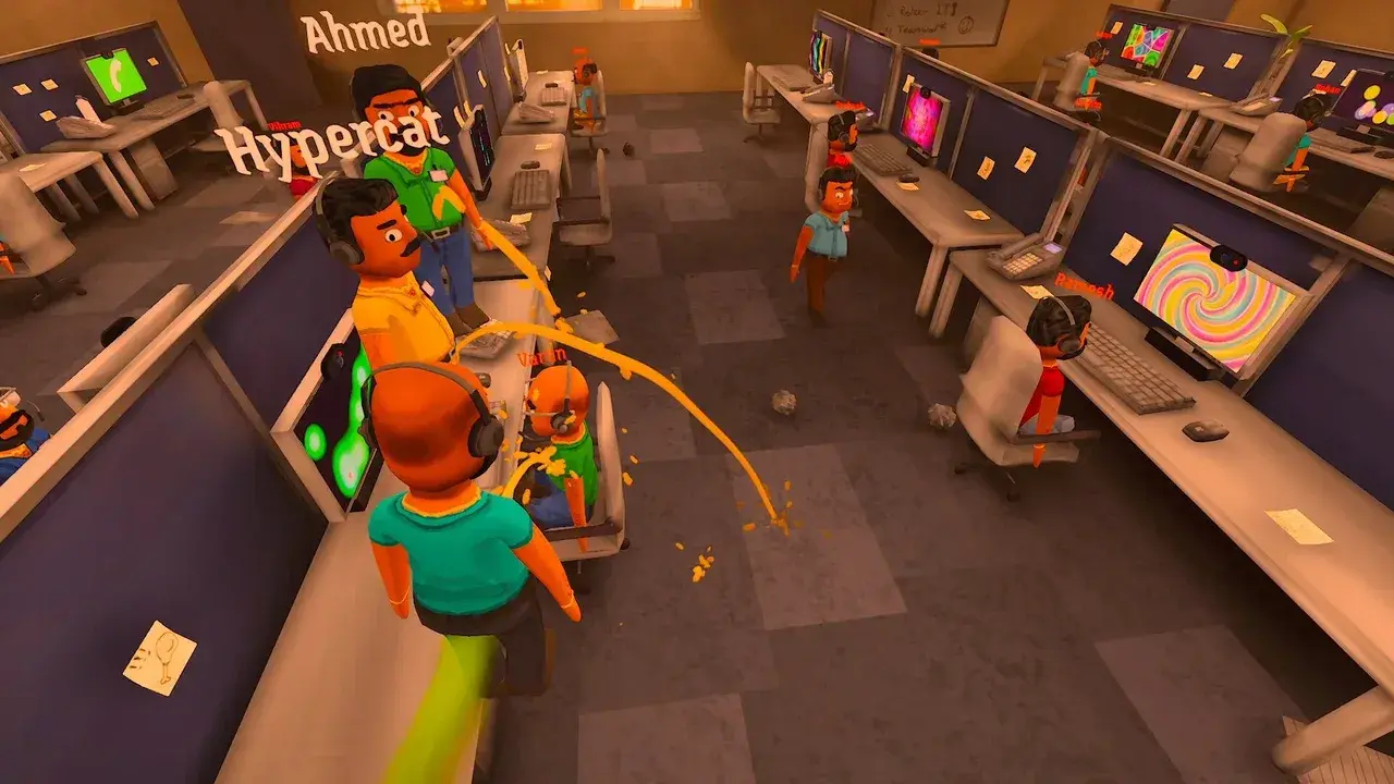 Several player characters gathered between call-center desks
