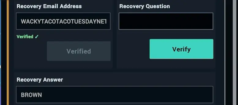 Recovery Email Address, Recovery Question and Recovery Answer fields in the fictional password recovery app